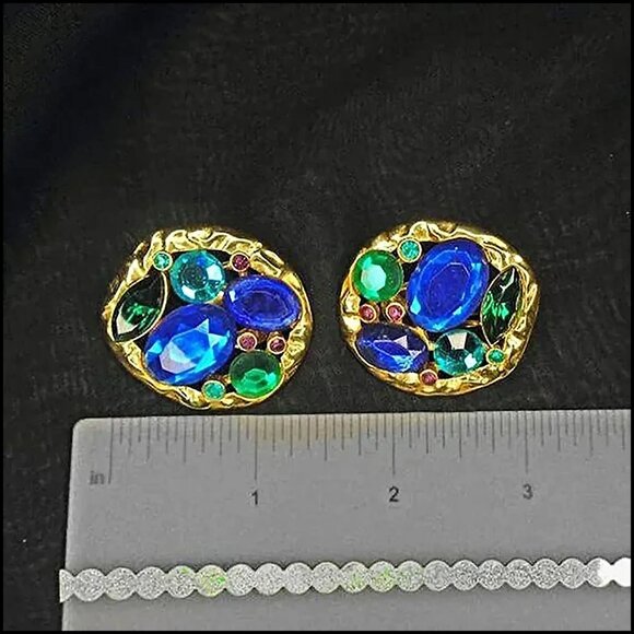 80s Vintage BIG Clip Earrings Blue & Green Rhinestone Clipons - Nostalgiacore - Picture 3 of 14